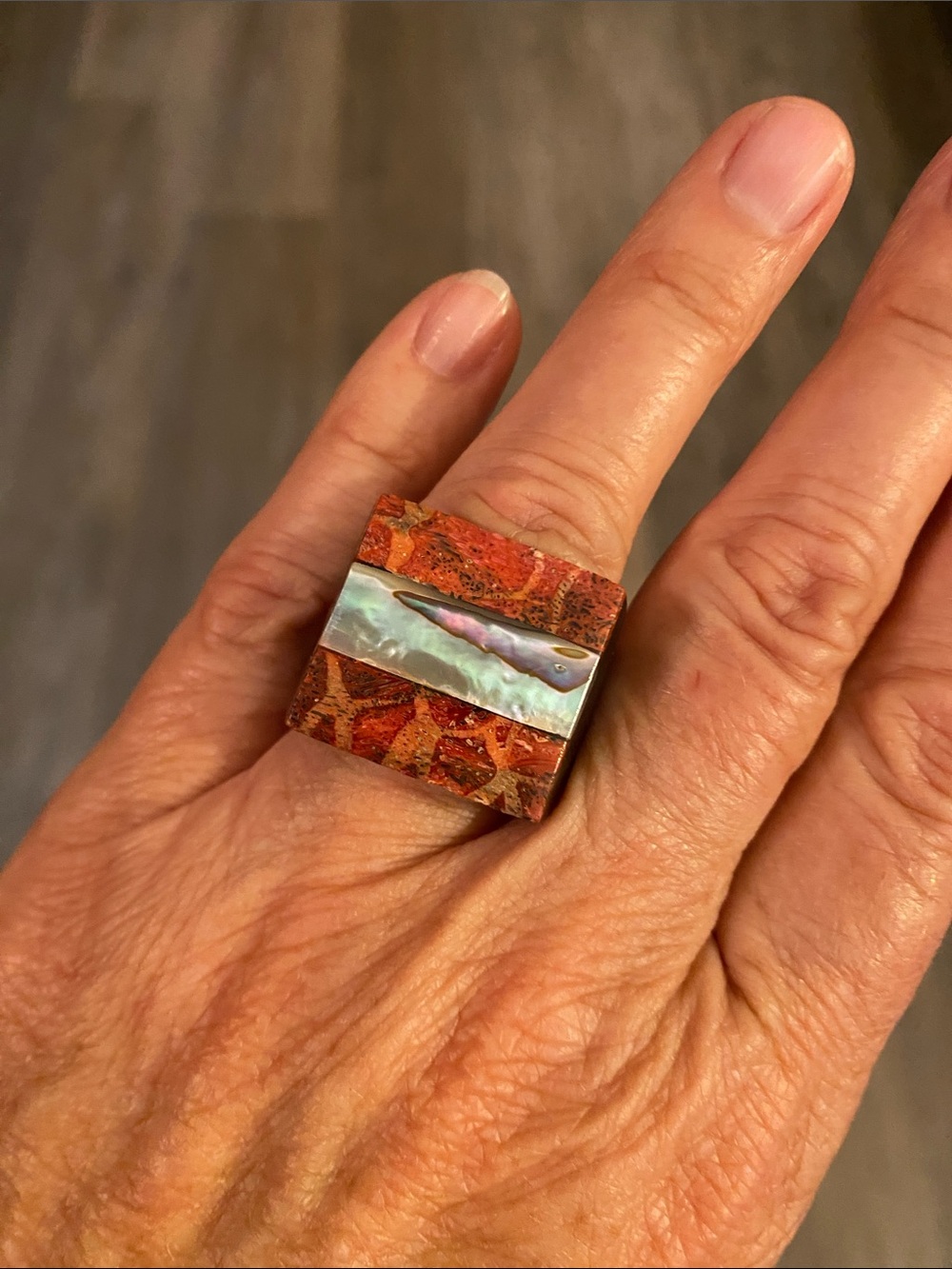 Genuine Tiger Coral & Abalone Statement Ring Size 8.5 Black Resin Bold Artisan